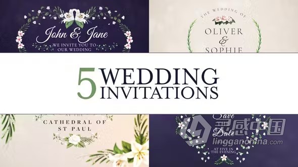 AE模板-5个美丽的花卉婚礼请柬动画电子邀请函AE模板下载 Wedding Invitation  灵感中国网 www.lingganchina.com