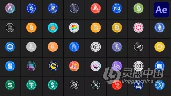 旋转3D加密货币动画图标AE模板下载 40 Cryptocurrencies for After Effects  灵感中国社区 www.lingganchina.com