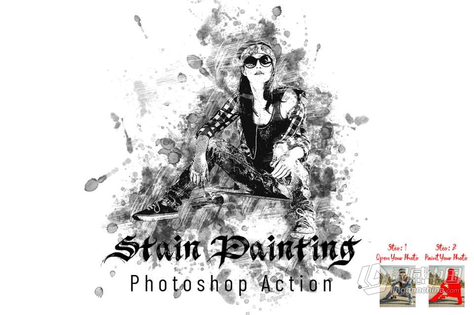水墨污点绘画Photoshop动作 Stain Painting Photoshop Action 附视频教程  灵感中国网 www.lingganchina.com