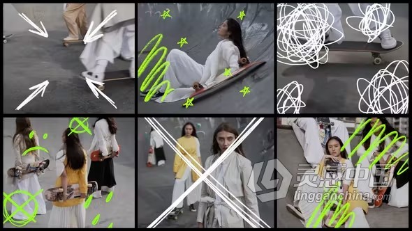 9个带有框架和手绘元素作品的拼贴场景PR模板下载 Hand-Drawn Collage Scenes  灵感中国网 www.lingganchina.com