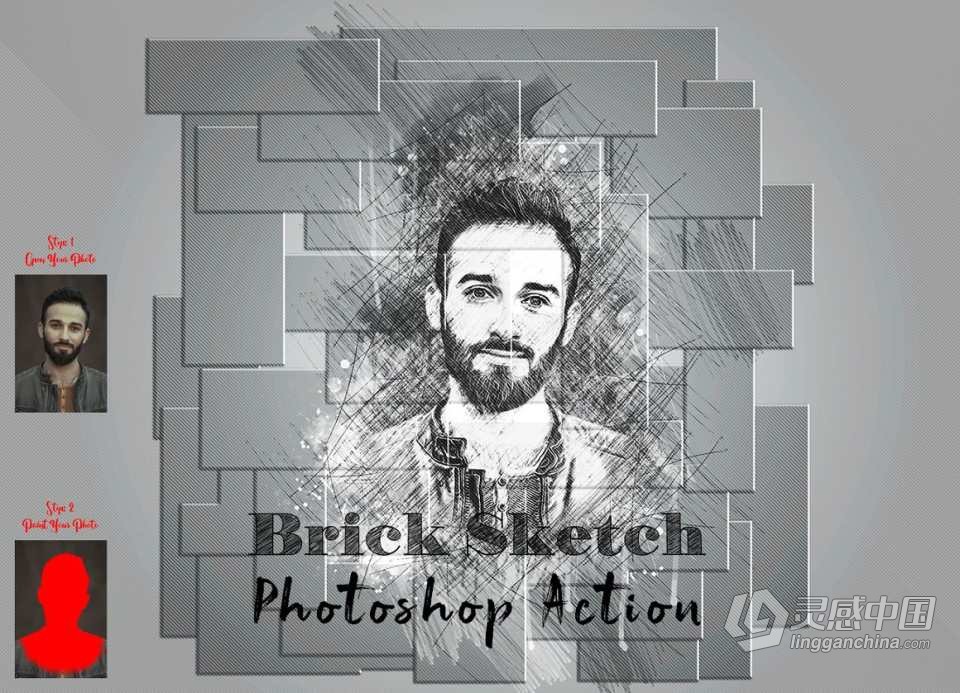 逼真墙面素描绘画Photoshop动作 Brick Sketch Photoshop Action  灵感中国社区 www.lingganchina.com