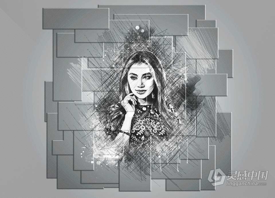 逼真墙面素描绘画Photoshop动作 Brick Sketch Photoshop Action  灵感中国网 www.lingganchina.com
