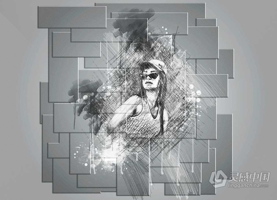 逼真墙面素描绘画Photoshop动作 Brick Sketch Photoshop Action  灵感中国网 www.lingganchina.com