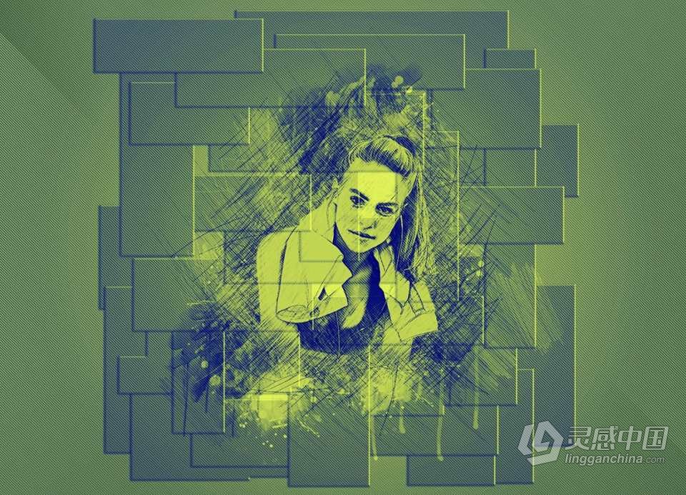 逼真墙面素描绘画Photoshop动作 Brick Sketch Photoshop Action  灵感中国网 www.lingganchina.com