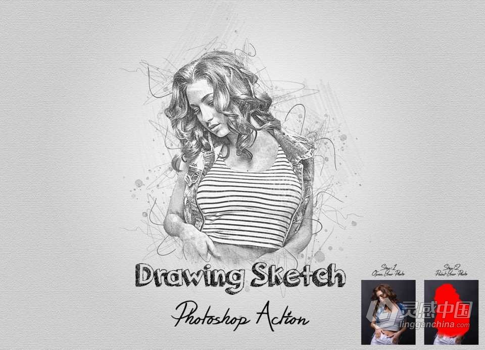 素描肖像绘画Photoshop动作 Drawing Sketch Photoshop Action 附视频教程  灵感中国网 www.lingganchina.com