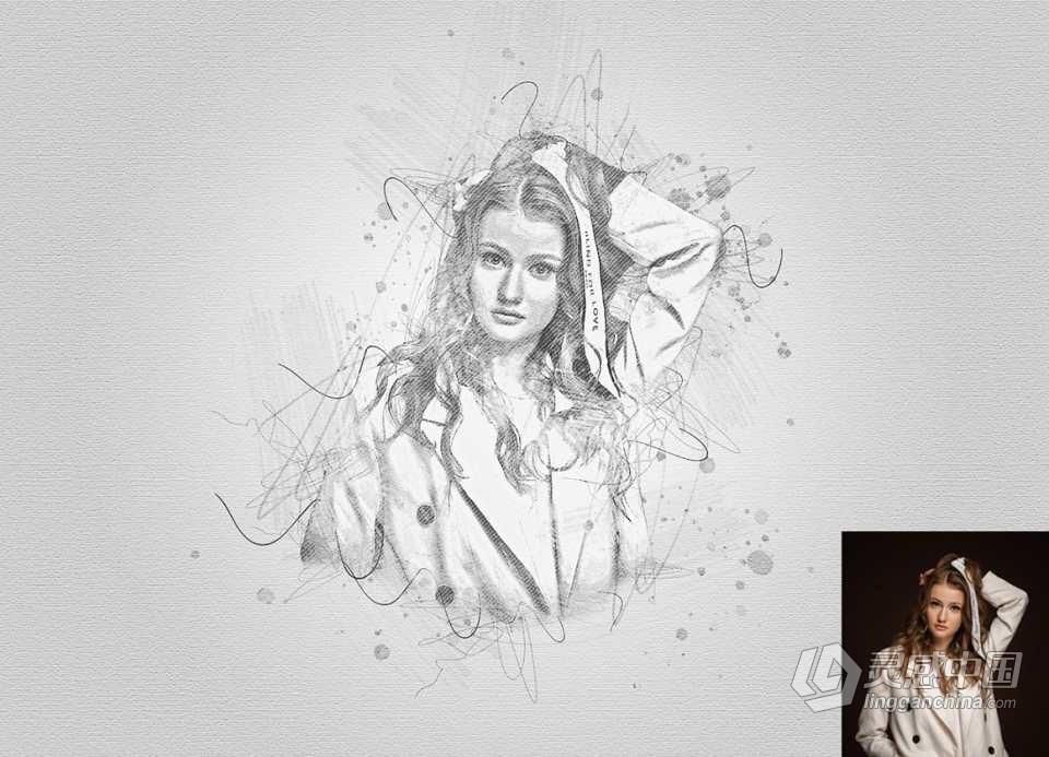 素描肖像绘画Photoshop动作 Drawing Sketch Photoshop Action 附视频教程  灵感中国网 www.lingganchina.com