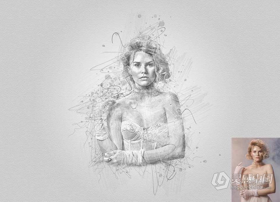 素描肖像绘画Photoshop动作 Drawing Sketch Photoshop Action 附视频教程  灵感中国网 www.lingganchina.com