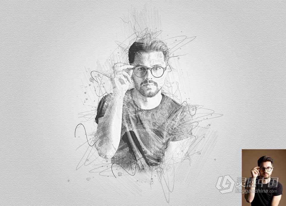 素描肖像绘画Photoshop动作 Drawing Sketch Photoshop Action 附视频教程  灵感中国网 www.lingganchina.com