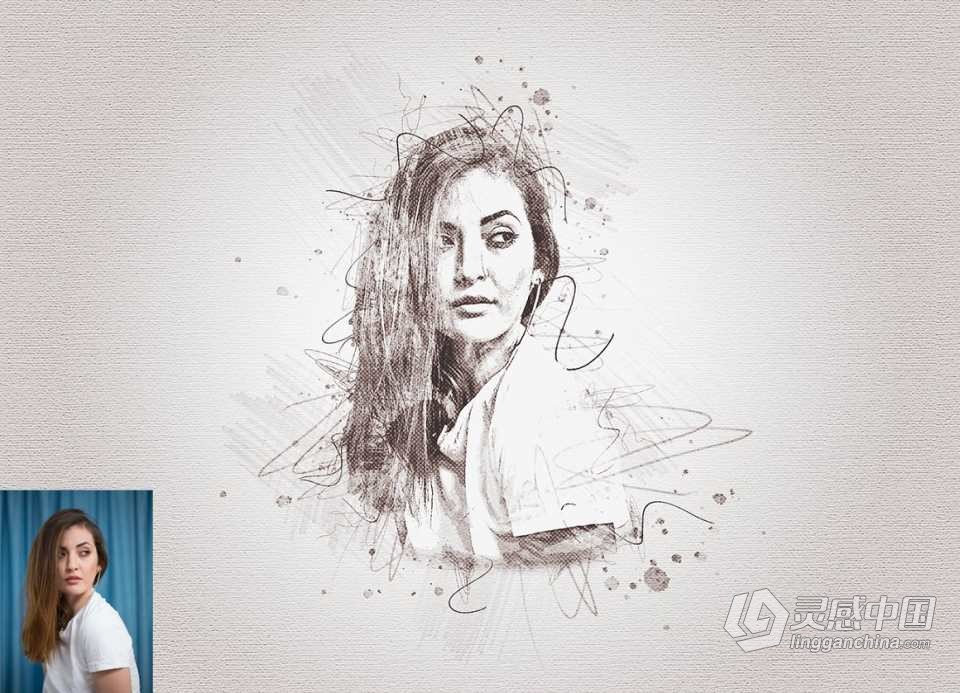素描肖像绘画Photoshop动作 Drawing Sketch Photoshop Action 附视频教程  灵感中国网 www.lingganchina.com