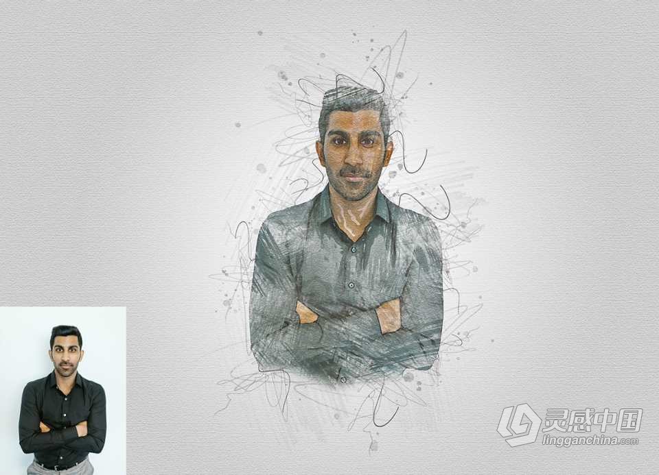 素描肖像绘画Photoshop动作 Drawing Sketch Photoshop Action 附视频教程  灵感中国网 www.lingganchina.com