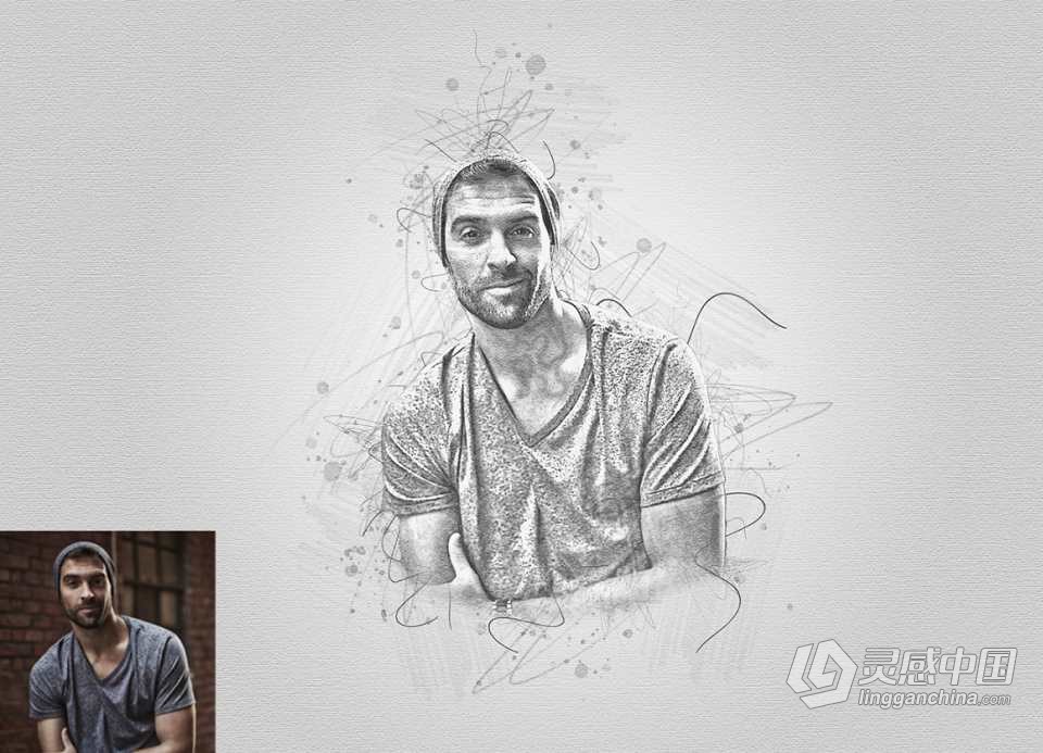 素描肖像绘画Photoshop动作 Drawing Sketch Photoshop Action 附视频教程  灵感中国网 www.lingganchina.com