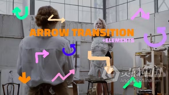 PR模板-彩色画笔绘制箭头过渡样式元素 Arrow Transition  灵感中国网 www.lingganchina.com