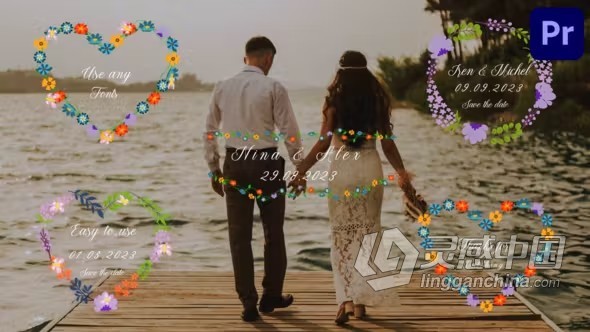 5种设计花元素婚礼文字标题动画PR模板下载 Wedding Titles for Premiere Pro  灵感中国网 www.lingganchina.com