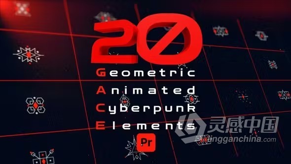 20个赛博朋克元素几何动画PR模板下载 Geometric Animated Cyberpunk Elements For premiere pro  灵感中国网 www.lingganchina.com