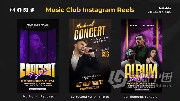 演唱会介绍短视频音乐派对社交媒体竖屏广告AE模板下载 Music Club Instagram Reels  灵感中国网 www.lingganchina.com