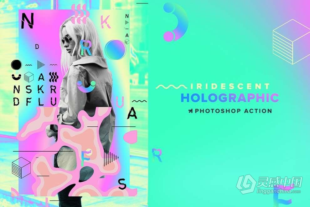 制作全息彩虹炫彩渐变文字海报特效PS动作 Holographic Iridescent PS Action  灵感中国网 www.lingganchina.com