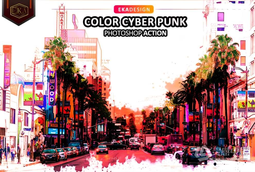 建筑街道色彩溢出赛博朋克漫画效果PS特效动作 Color Cyber Punk Photoshop Action  灵感中国网 www.lingganchina.com