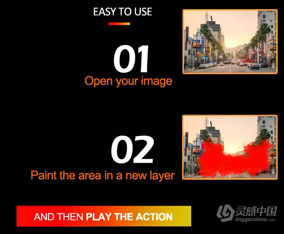 建筑街道色彩溢出赛博朋克漫画效果PS特效动作 Color Cyber Punk Photoshop Action  灵感中国网 www.lingganchina.com