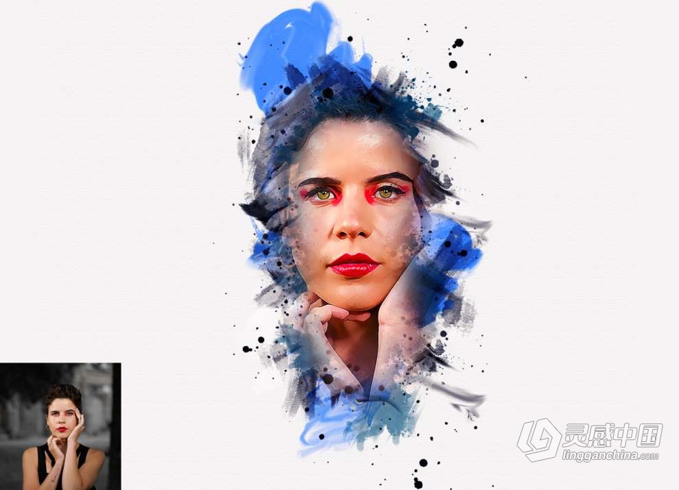 水彩艺术肖像画效果PS动作 Watercolor Artistic Portrait Action  灵感中国网 www.lingganchina.com
