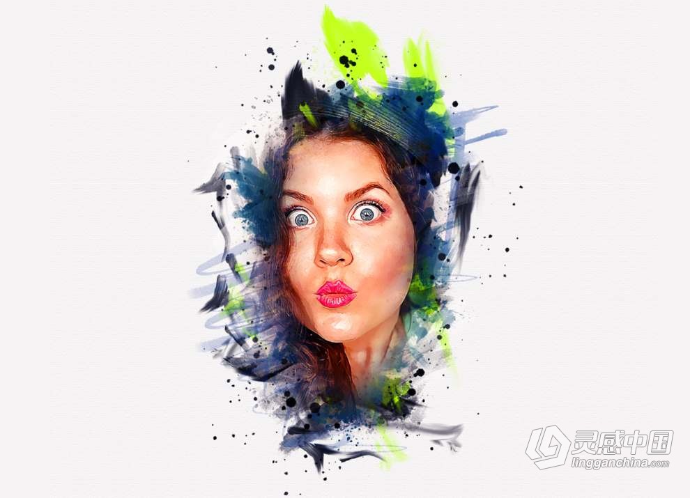 水彩艺术肖像画效果PS动作 Watercolor Artistic Portrait Action  灵感中国网 www.lingganchina.com