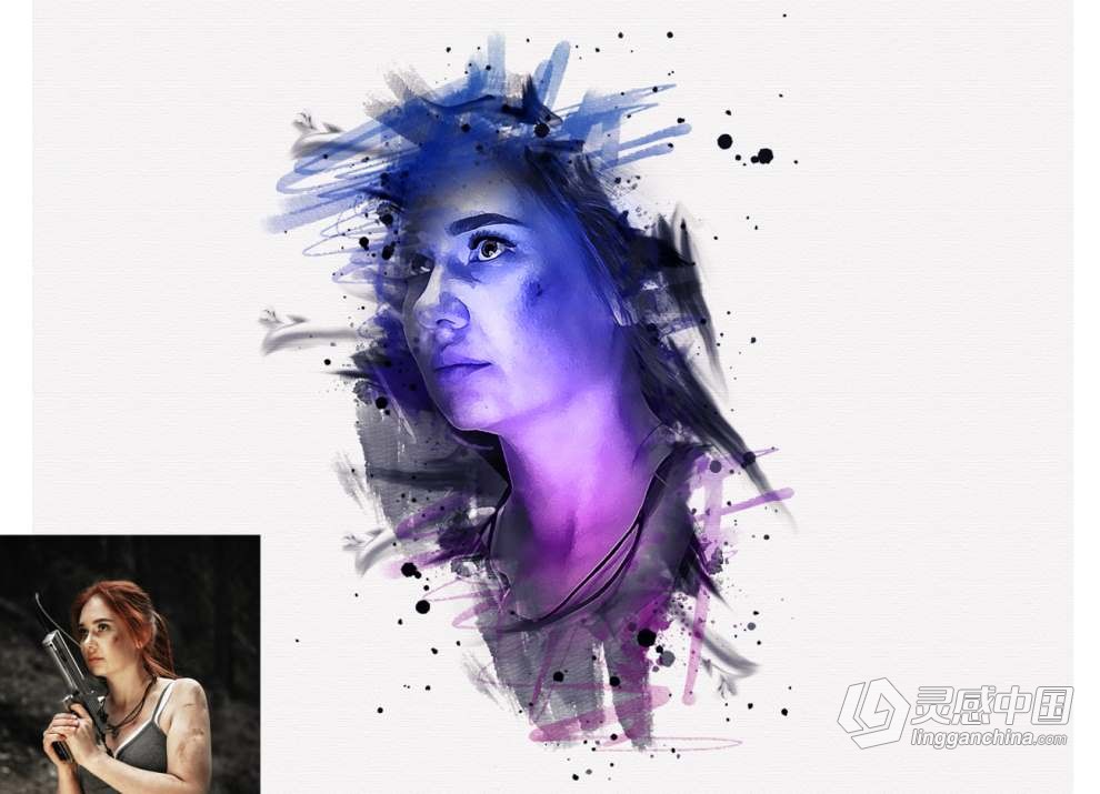 水彩艺术肖像画效果PS动作 Watercolor Artistic Portrait Action  灵感中国网 www.lingganchina.com