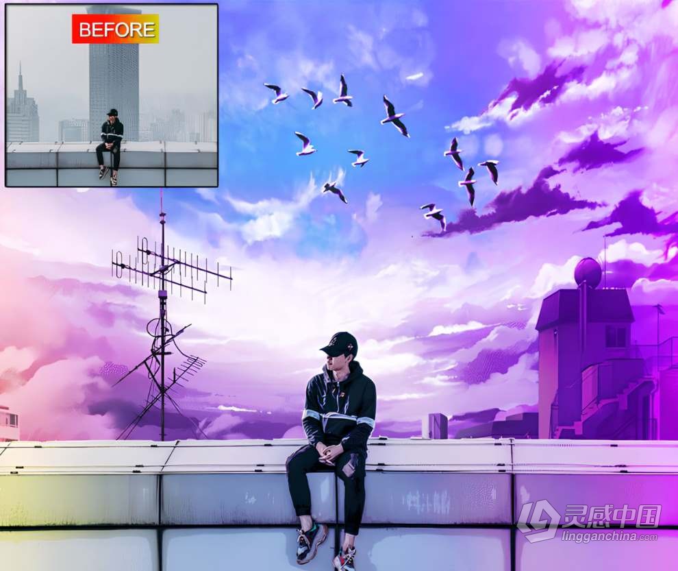 照片生成油画颜料梦幻水彩画动漫效果PS特效动作 Anime Style Photoshop Action  灵感中国网 www.lingganchina.com