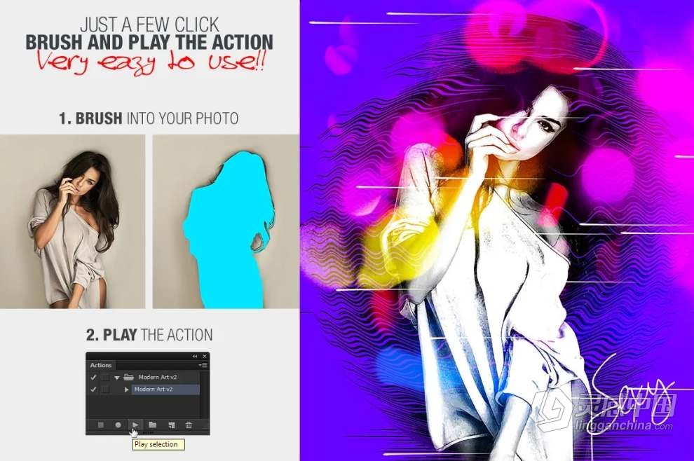 现代水彩艺术画效果PS特效动作 Modern Art Photoshop Action v2  灵感中国网 www.lingganchina.com