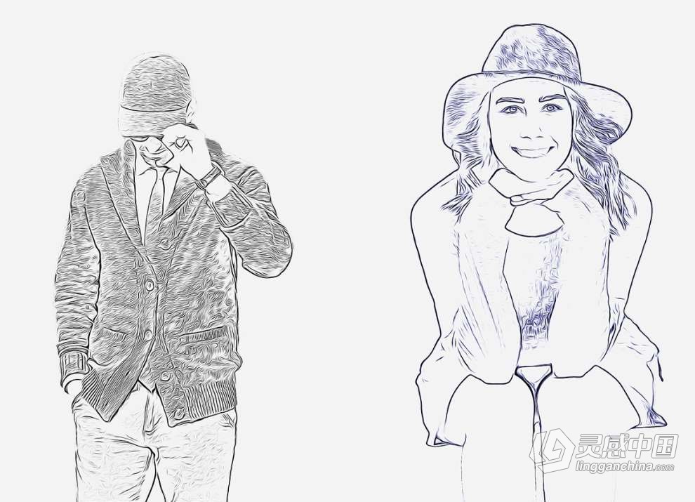 人像照片转油画素描轮廓效果PS特效动作 Oil Outline Sketch PS Action  灵感中国网 www.lingganchina.com