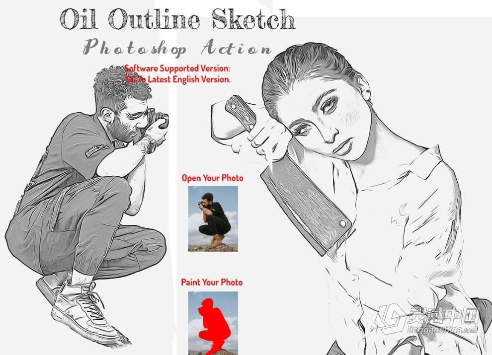 人像照片转油画素描轮廓效果PS特效动作 Oil Outline Sketch PS Action  灵感中国网 www.lingganchina.com