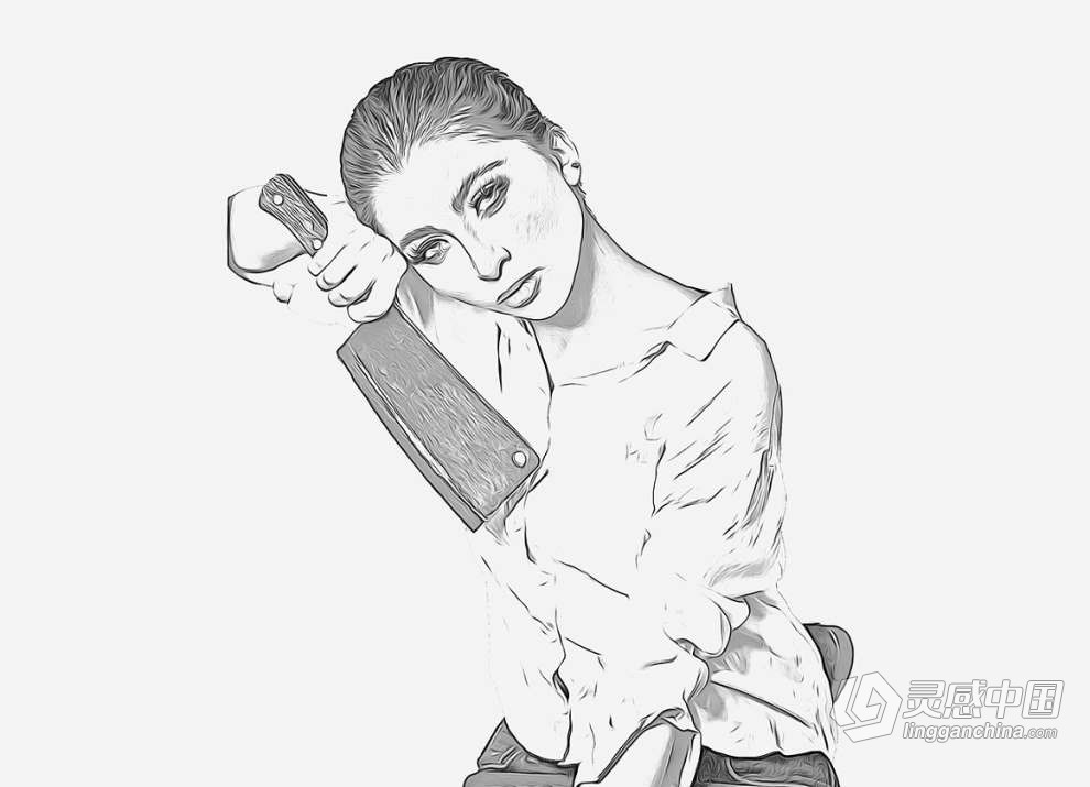 人像照片转油画素描轮廓效果PS特效动作 Oil Outline Sketch PS Action  灵感中国网 www.lingganchina.com