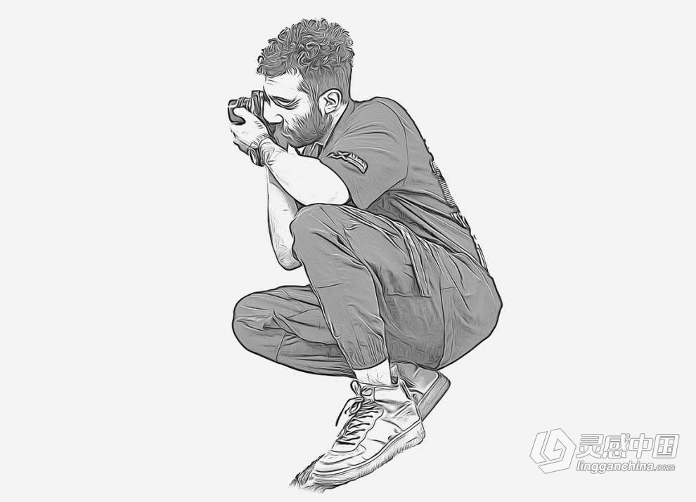 人像照片转油画素描轮廓效果PS特效动作 Oil Outline Sketch PS Action  灵感中国网 www.lingganchina.com
