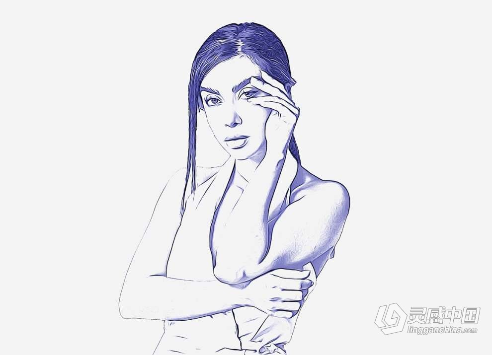 人像照片转油画素描轮廓效果PS特效动作 Oil Outline Sketch PS Action  灵感中国网 www.lingganchina.com