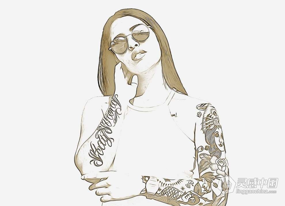 人像照片转油画素描轮廓效果PS特效动作 Oil Outline Sketch PS Action  灵感中国网 www.lingganchina.com