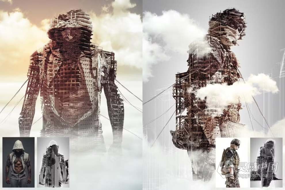 抽象废弃建筑人像双重曝光效果PS特效动作 Construction Photoshop Action  灵感中国网 www.lingganchina.com