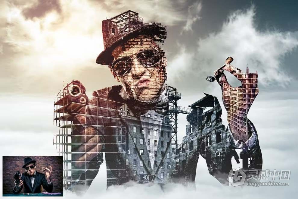 抽象废弃建筑人像双重曝光效果PS特效动作 Construction Photoshop Action  灵感中国网 www.lingganchina.com