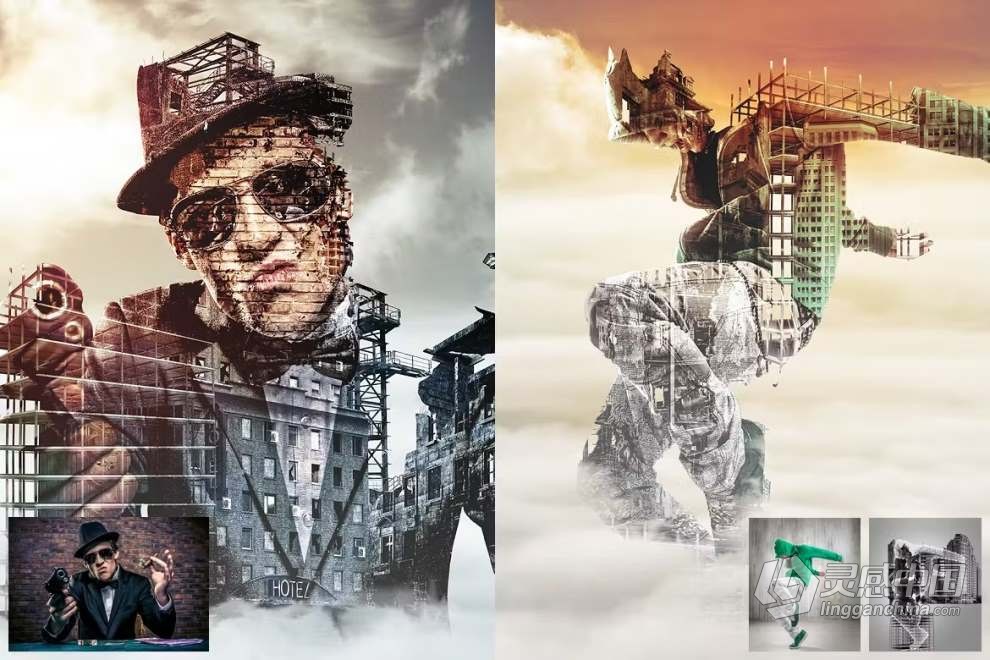 抽象废弃建筑人像双重曝光效果PS特效动作 Construction Photoshop Action  灵感中国网 www.lingganchina.com