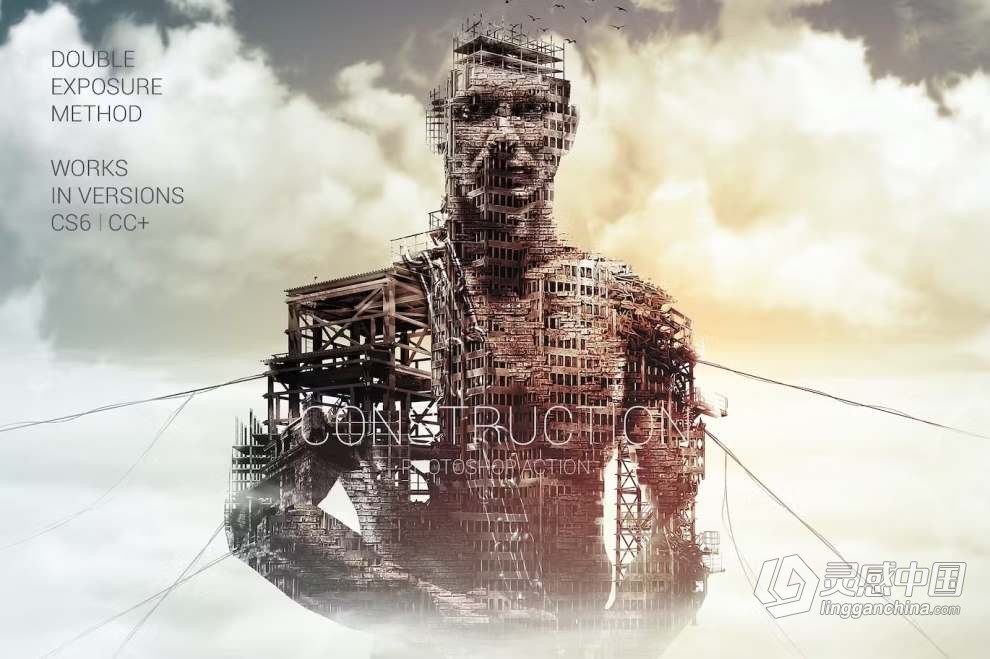 抽象废弃建筑人像双重曝光效果PS特效动作 Construction Photoshop Action  灵感中国网 www.lingganchina.com