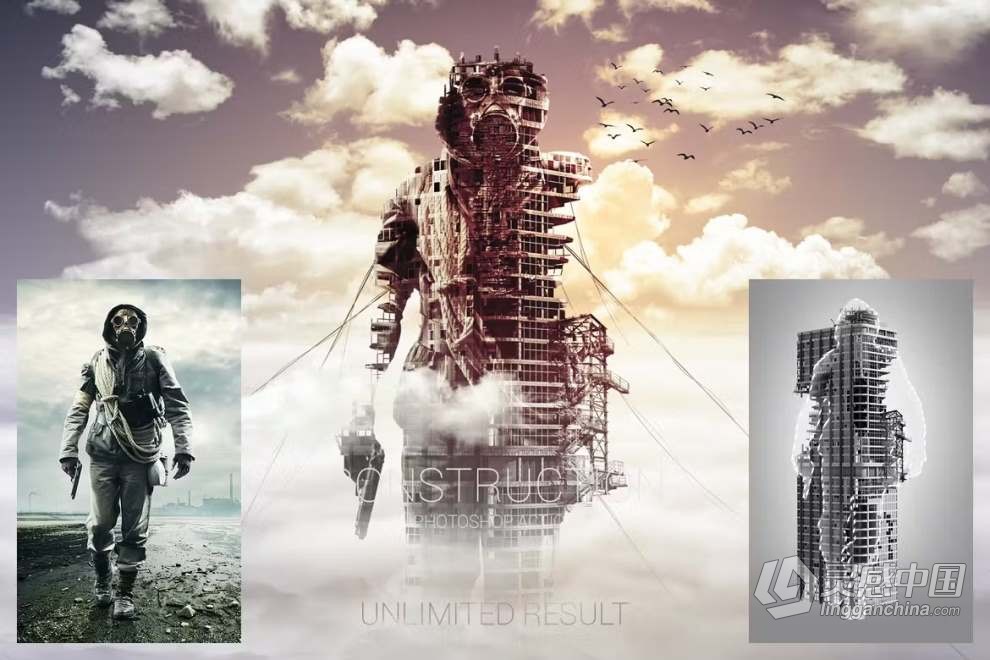抽象废弃建筑人像双重曝光效果PS特效动作 Construction Photoshop Action  灵感中国网 www.lingganchina.com