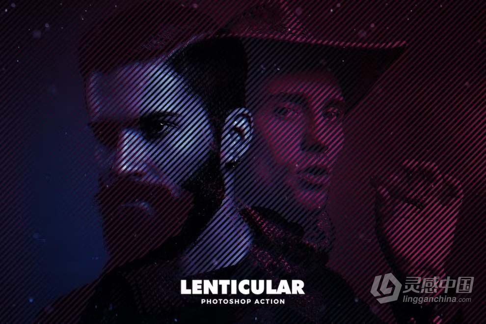 半色调人像条纹叠加神秘科幻效果艺术图像处理PS动作 Lenticular Photoshop Action  灵感中国网 www.lingganchina.com