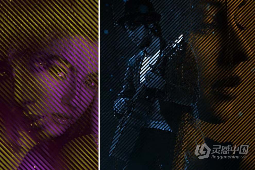 半色调人像条纹叠加神秘科幻效果艺术图像处理PS动作 Lenticular Photoshop Action  灵感中国网 www.lingganchina.com