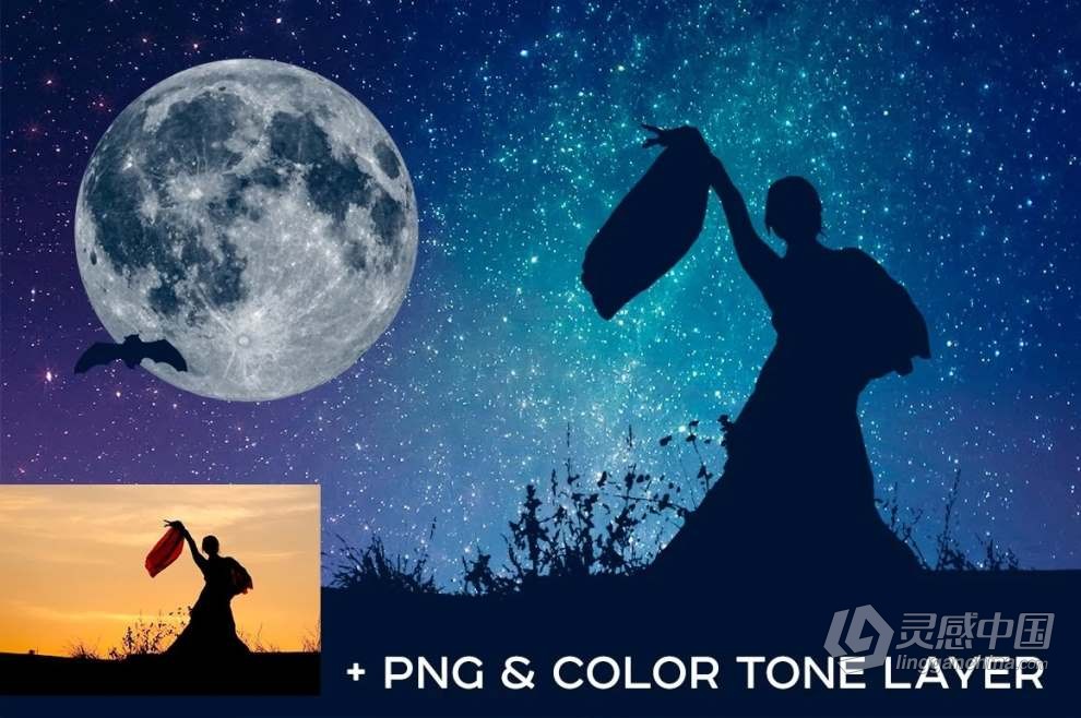 84张高清星空银河极光闪电叠加夜空元素剪影PNG素材+PS动作 Night Sky Silhouette Actions  灵感中国网 www.lingganchina.com