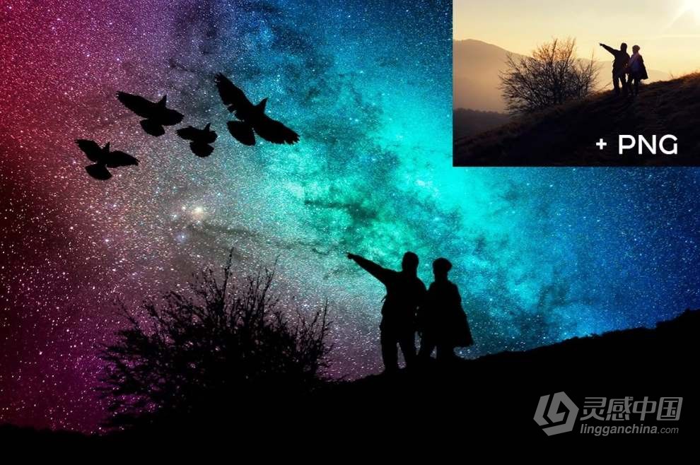 84张高清星空银河极光闪电叠加夜空元素剪影PNG素材+PS动作 Night Sky Silhouette Actions  灵感中国网 www.lingganchina.com