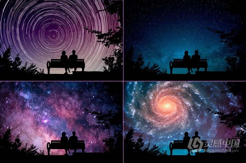 84张高清星空银河极光闪电叠加夜空元素剪影PNG素材+PS动作 Night Sky Silhouette Actions  灵感中国网 www.lingganchina.com