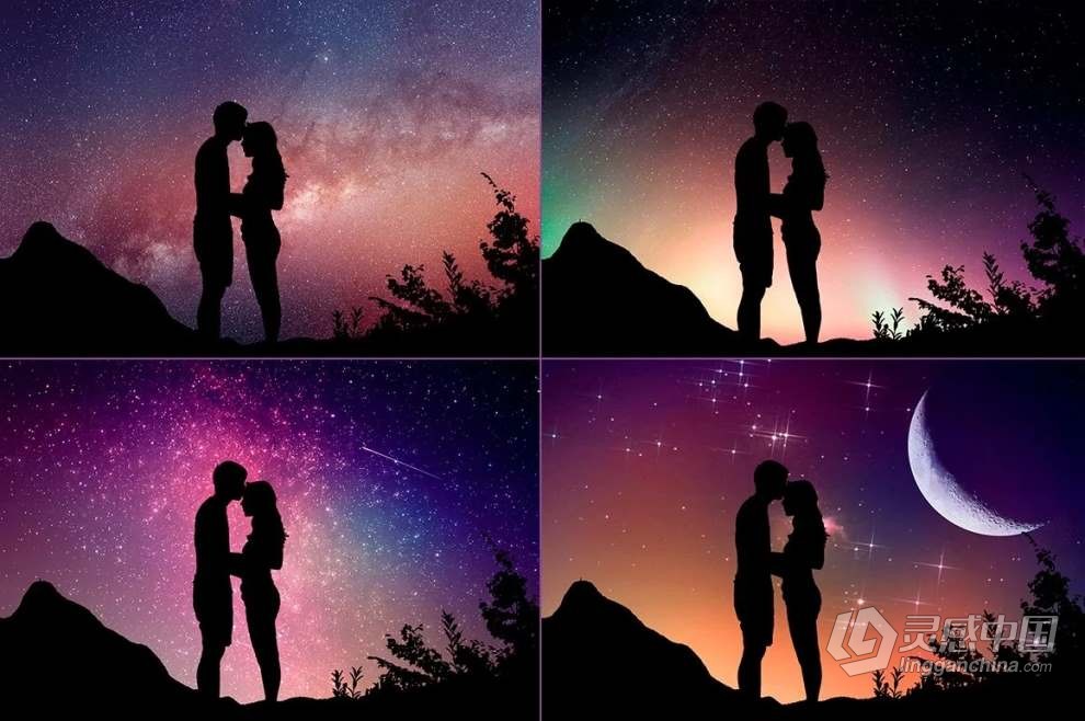 84张高清星空银河极光闪电叠加夜空元素剪影PNG素材+PS动作 Night Sky Silhouette Actions  灵感中国网 www.lingganchina.com