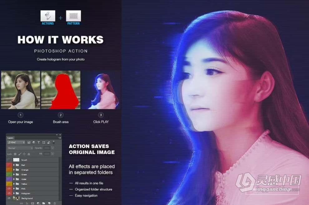 照片转全息摄影图像效果PS特效动作 Hologram Photoshop Action  灵感中国网 www.lingganchina.com