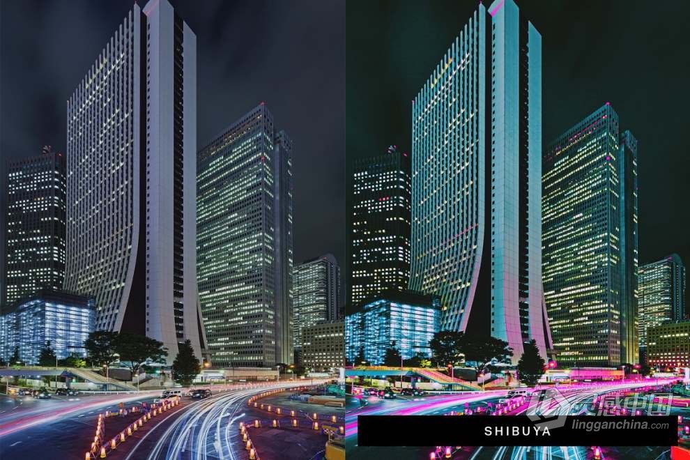8款夜间城市景观赛博朋克视频调色LUT预设与Ps动作 Cyberpunk Photoshop Actions  灵感中国网 www.lingganchina.com