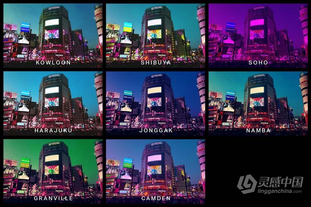 8款夜间城市景观赛博朋克视频调色LUT预设与Ps动作 Cyberpunk Photoshop Actions  灵感中国网 www.lingganchina.com