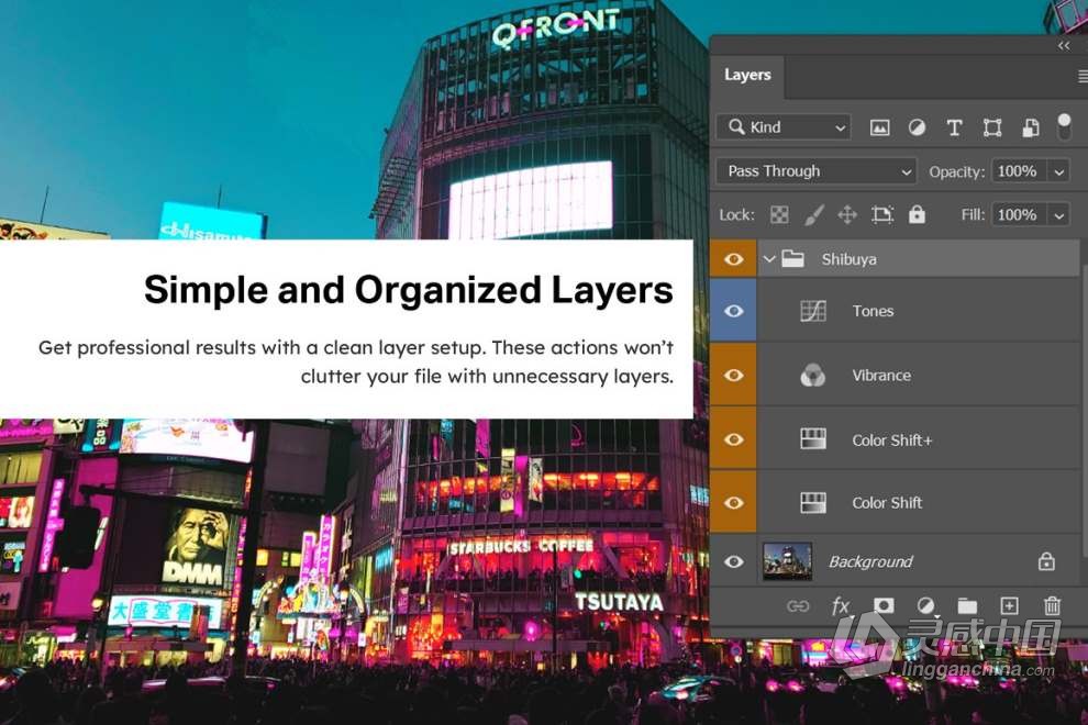 8款夜间城市景观赛博朋克视频调色LUT预设与Ps动作 Cyberpunk Photoshop Actions  灵感中国网 www.lingganchina.com