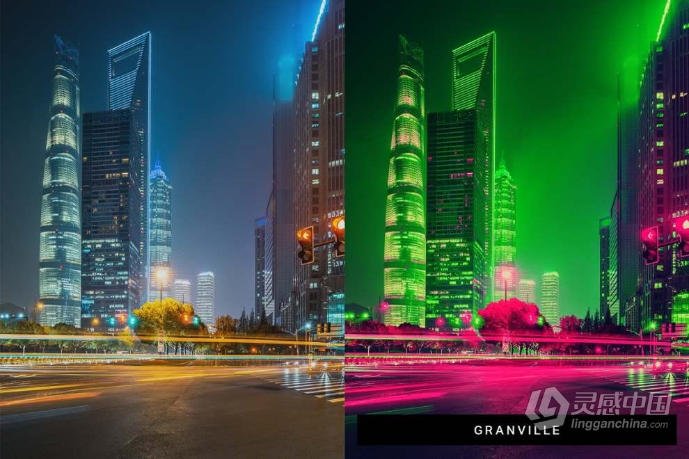 8款夜间城市景观赛博朋克视频调色LUT预设与Ps动作 Cyberpunk Photoshop Actions  灵感中国网 www.lingganchina.com