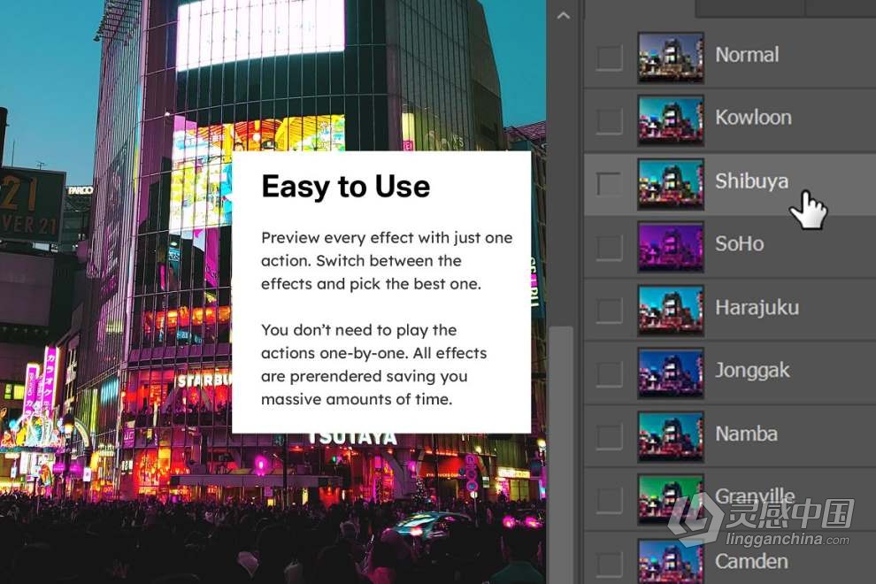 8款夜间城市景观赛博朋克视频调色LUT预设与Ps动作 Cyberpunk Photoshop Actions  灵感中国网 www.lingganchina.com